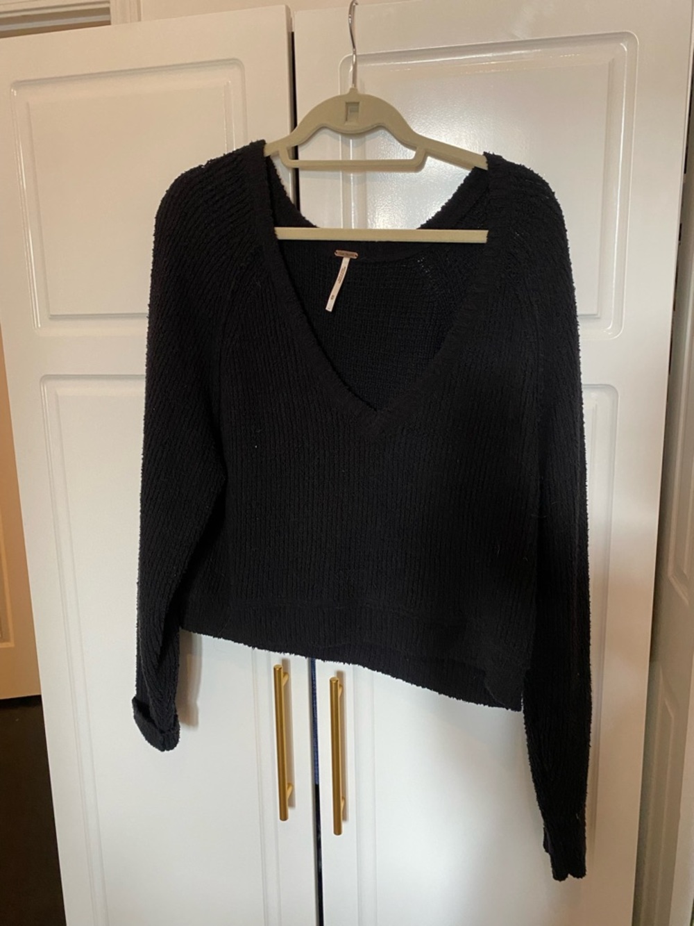 Free People Black Chunky Knit V-Neck Sweater